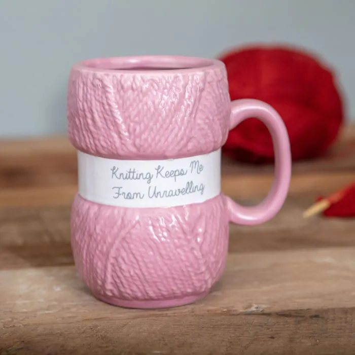  Boxer Gifts 'Knitting Keeps Me From Unraveling' Novelty  Knitting Gift Mug, Light Pink Colour With Realistic Yarn Detailing