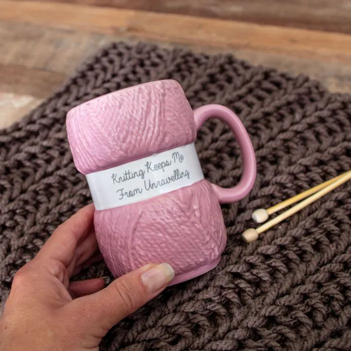  Boxer Gifts 'Knitting Keeps Me From Unraveling' Novelty  Knitting Gift Mug, Light Pink Colour With Realistic Yarn Detailing